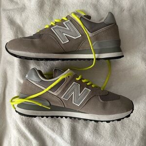 Grey New Balance 574s with Neon Yellow Laces - Size 8